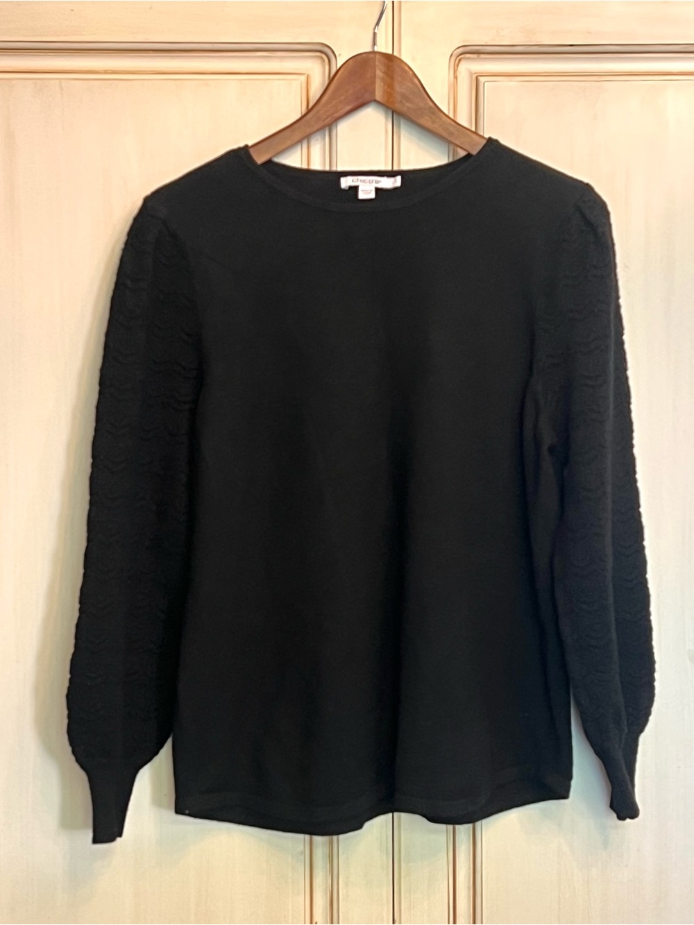 Chico's Black Cashmere Blend Mixed Media Sweater Textured Balloon Sleeve Sz 2